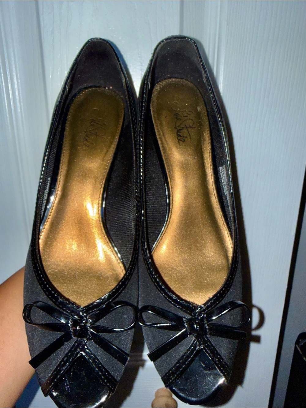 Life Stride Black Bow-Trim Ballet Heel Pumps with Gold Insole